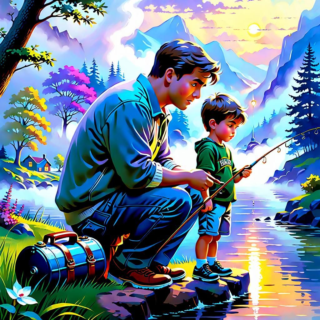 Father and Son Fishing in Ethereal Mist