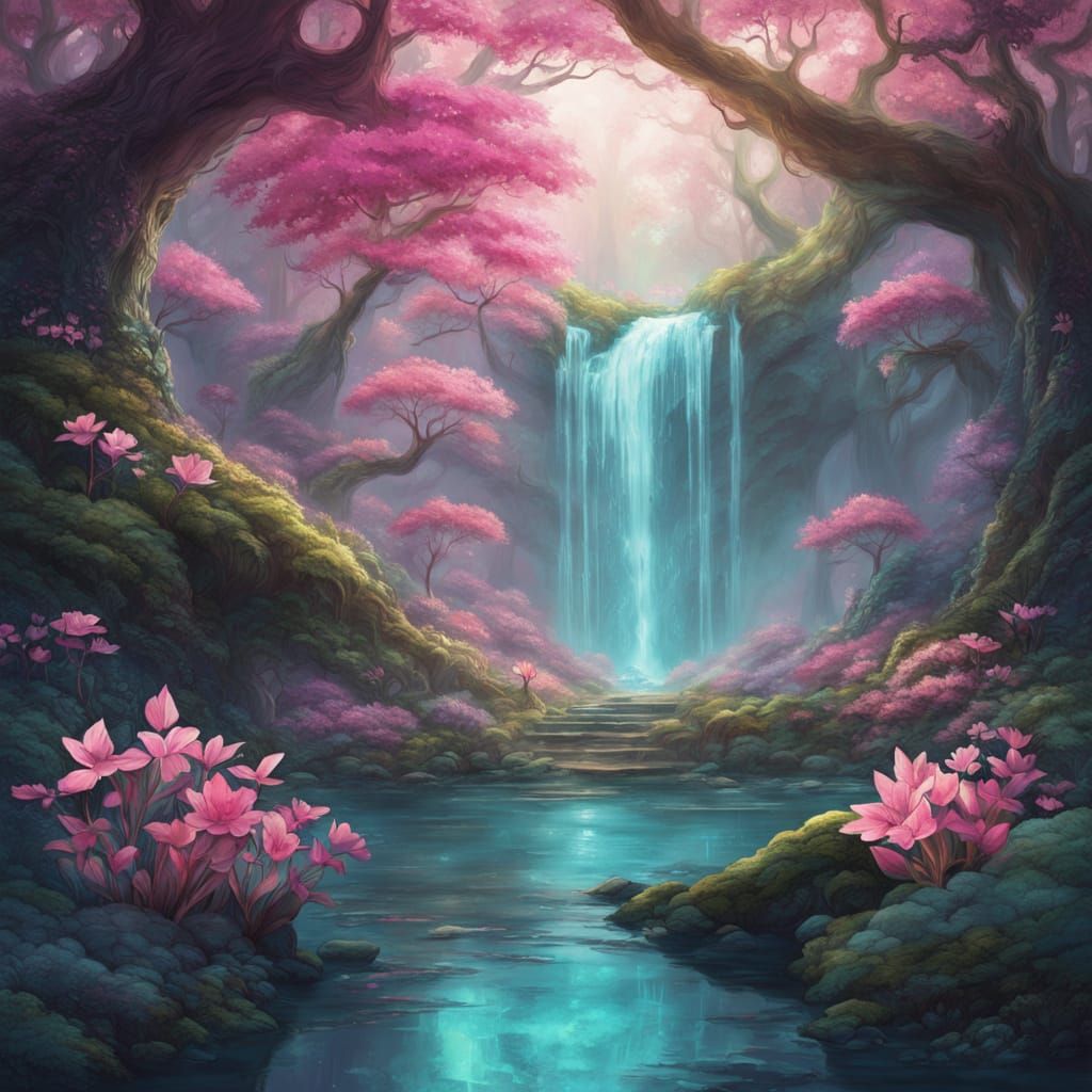 Magical Waterfall Grove with Bioluminescent Flowers
