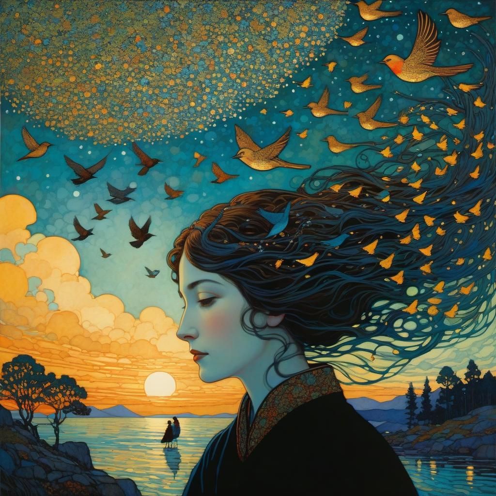 Woman Flying With Birds: Golden Age Illustration