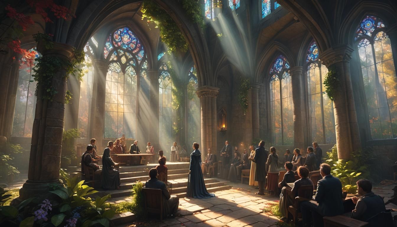 Fantasy Chapel Scene with Couples, Digital Painting