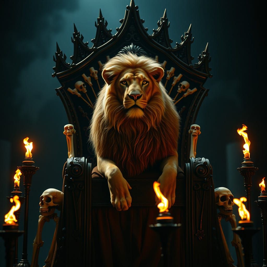 Majestic Lion Rules from an Ominous Throne in a Haunting, Ci...