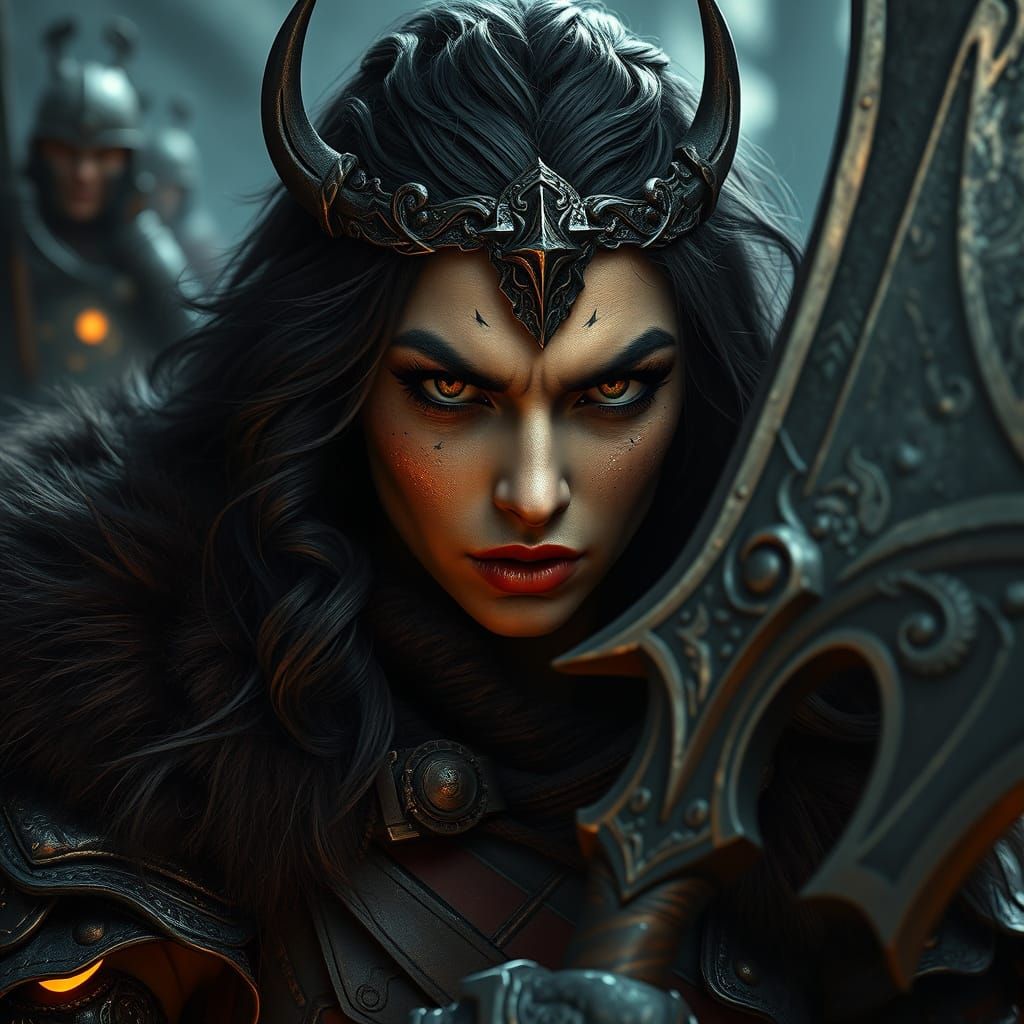 High-Fantasy Barbarian Woman in Ornate Armor, Rugged Beauty