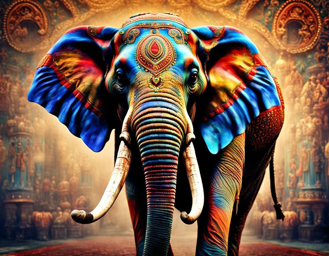 Colorful Painted Indian Circus Elephant: Hyperrealistic Phot...