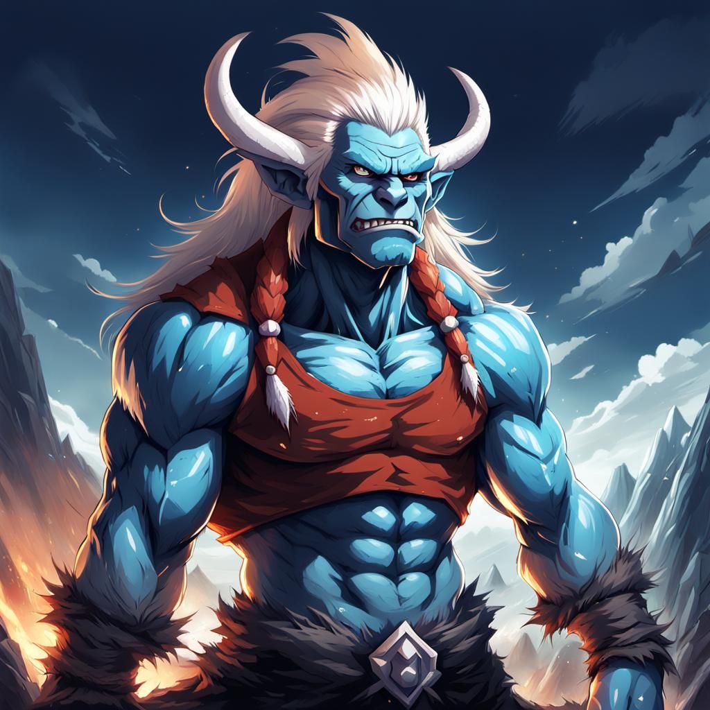 Muscular Blue-Eyed Troll in Anime Style