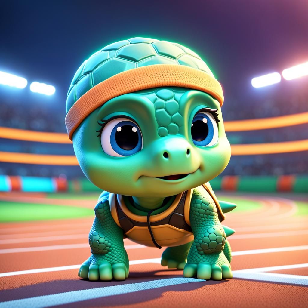 Concentrating Chibi Turtle Athlete Ready to Race