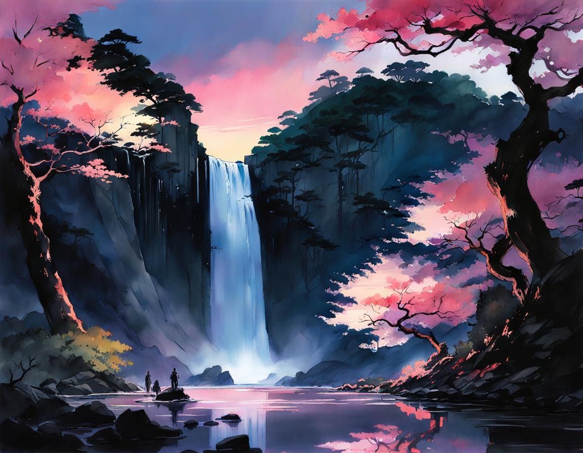 Sakura Waterfall in Twilight: Digital Watercolor Illustratio...