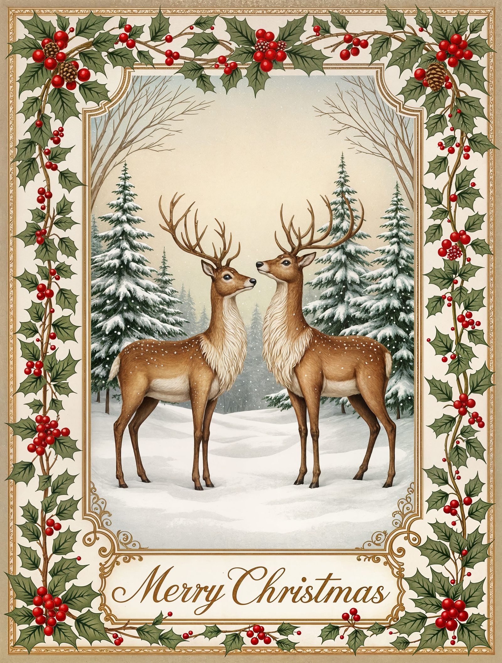 Vintage Holiday Winter Scene with Intricate Border and Reind...