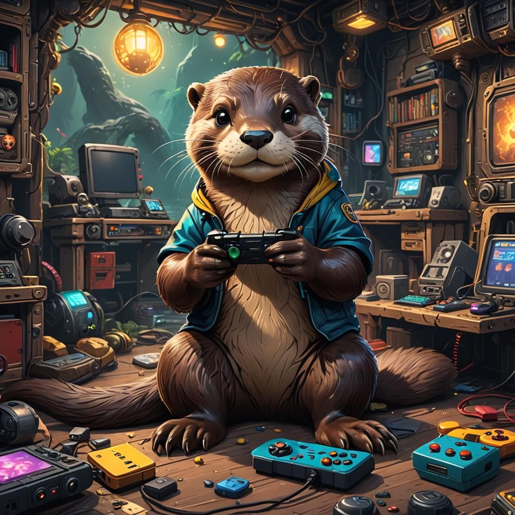 Otter Gamer in Detailed Comic Style