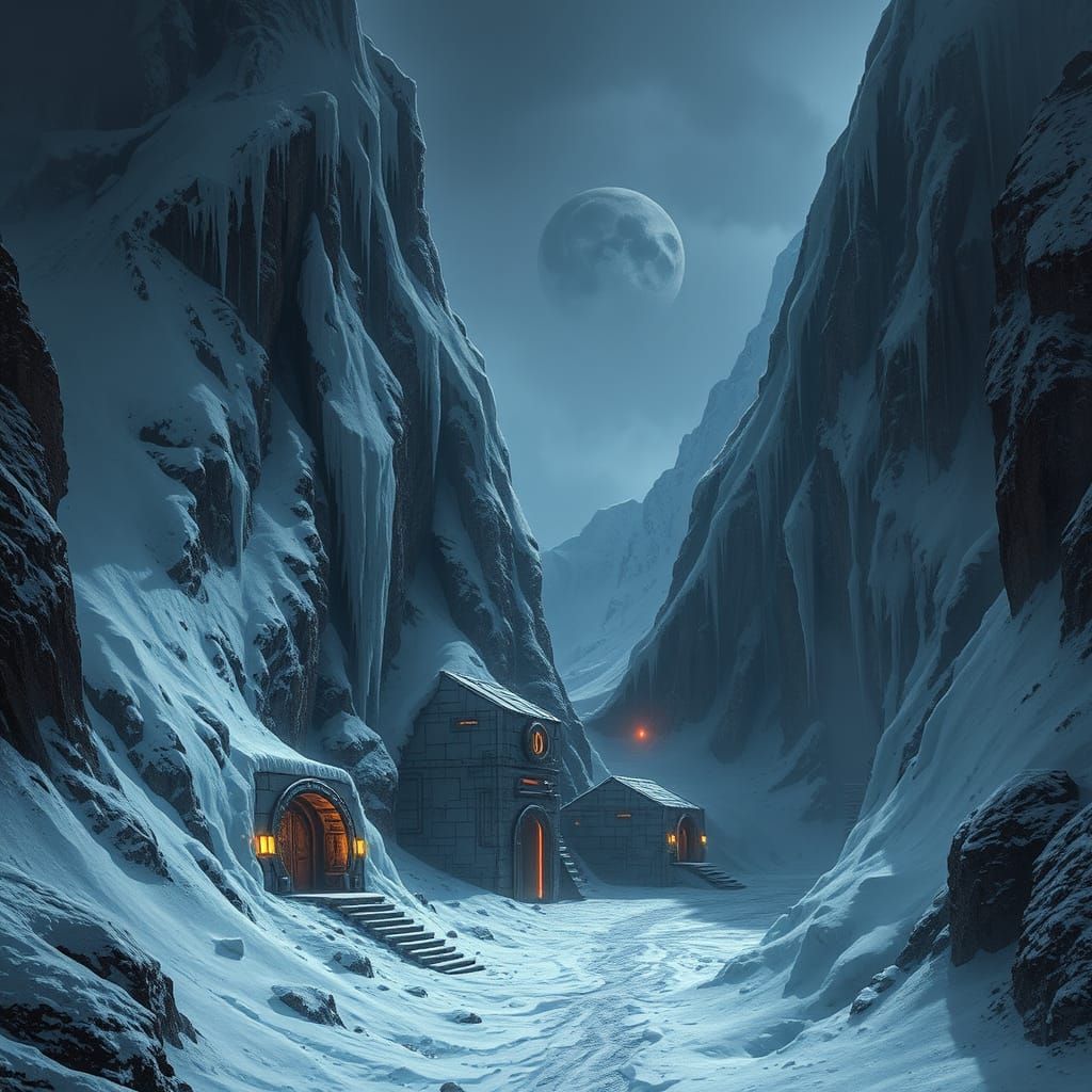 Cyberpunk Mountainside Outpost in Perpetual Snowstorm
