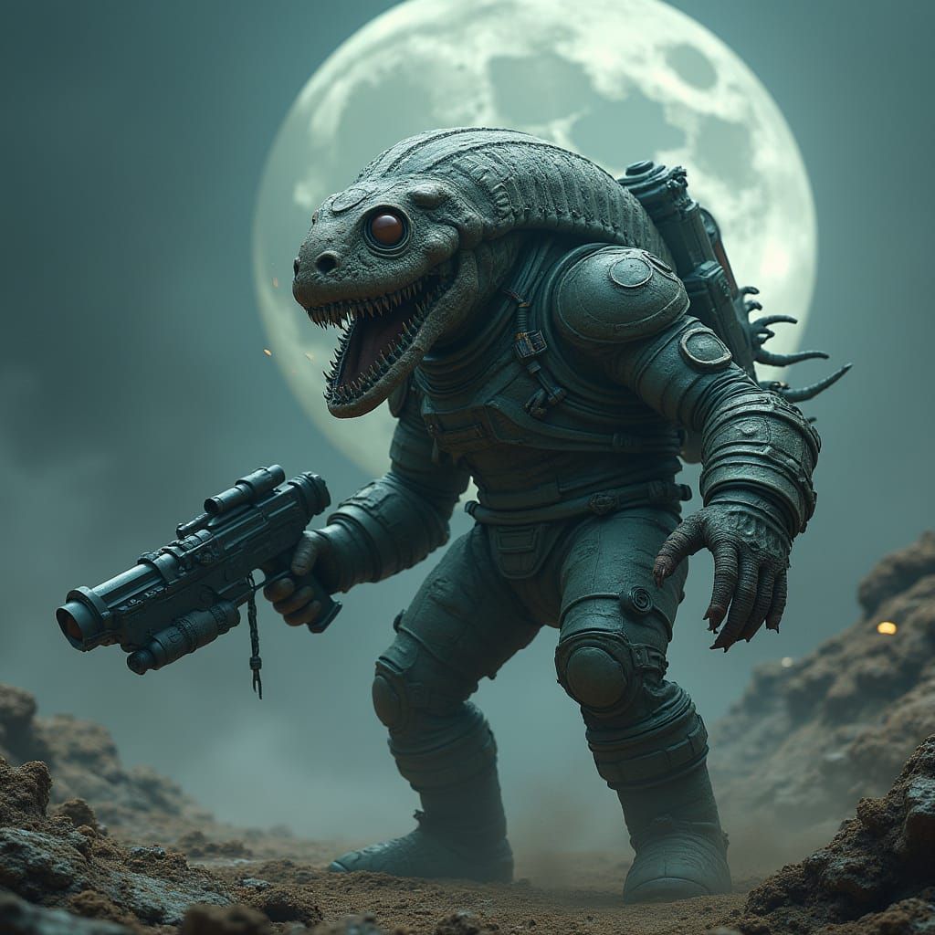 Gigantic Trilobite in Futuristic Space Armor Fights on Alien...