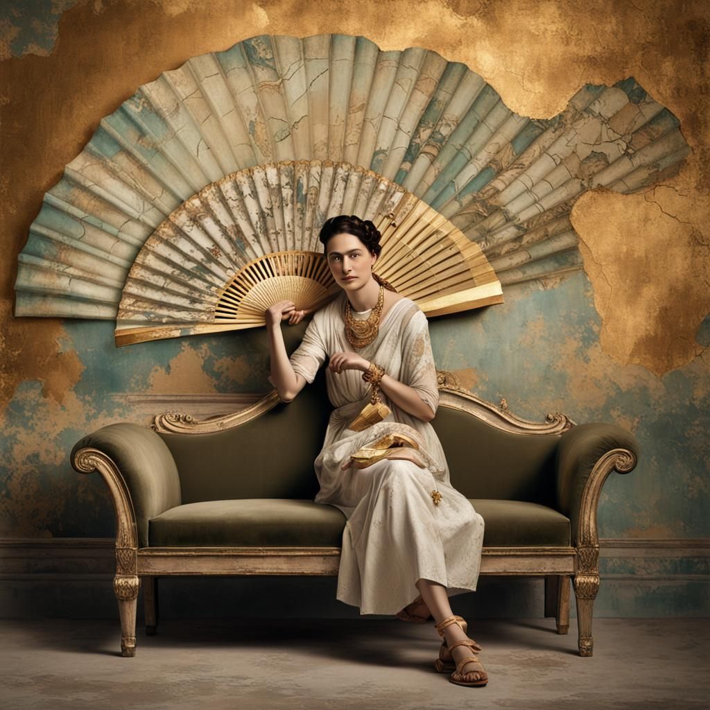 Woman with Fan in Ancient Fresco Style