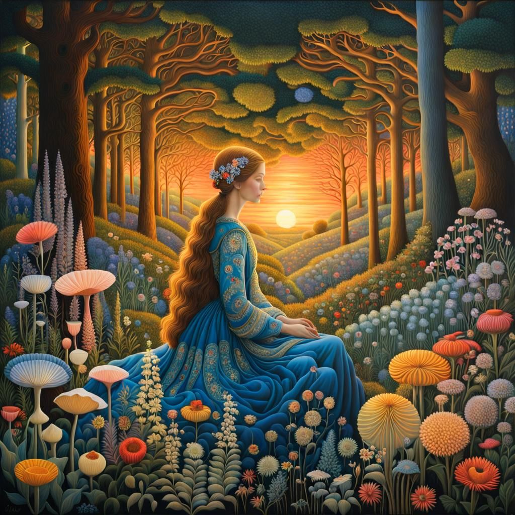 Sunset Woman in Floral Forest, Digital Art