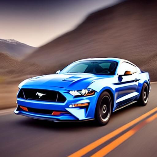 blue Ford Mustang is speeding down the highway at high speed