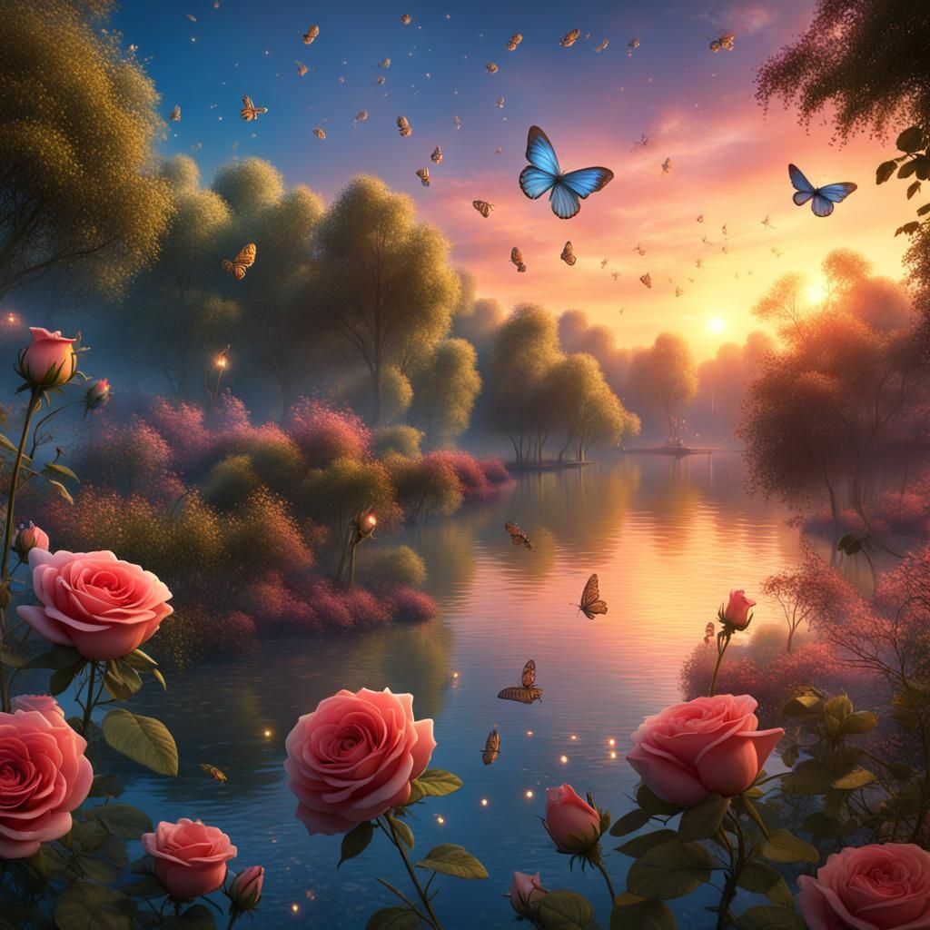 Enchanted Garden at Sunset: A Honey Magic Scene