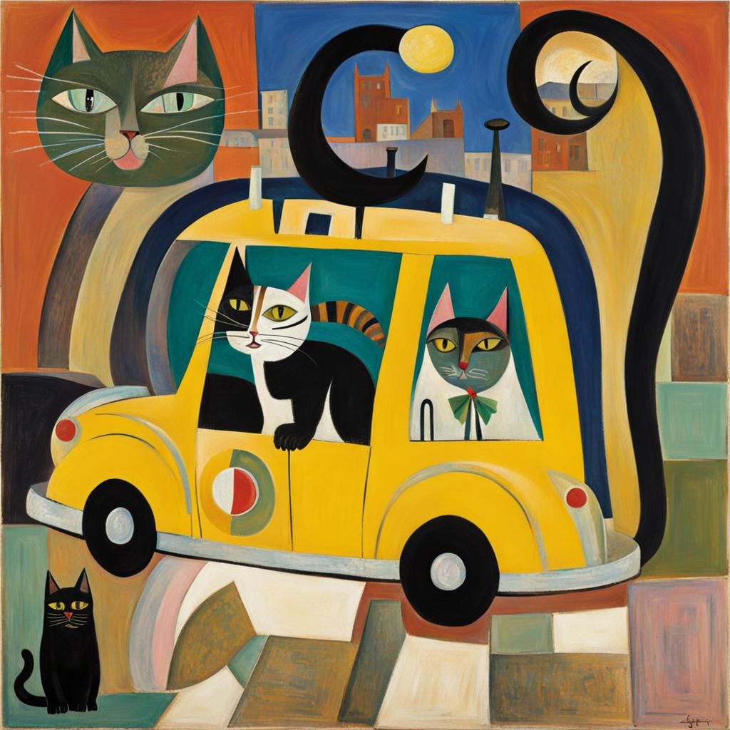 Cat Drives Taxi, Surrealist Art Style