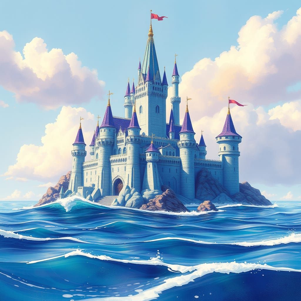 Vibrant Aquatic Castle Rises from the Ocean