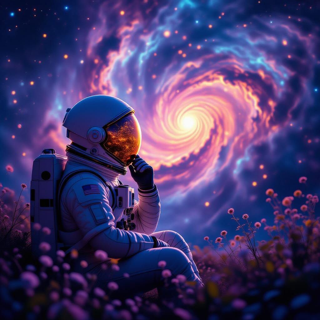 Astronaut Contemplates Bioluminescent Nebula in Vintage Styl...
