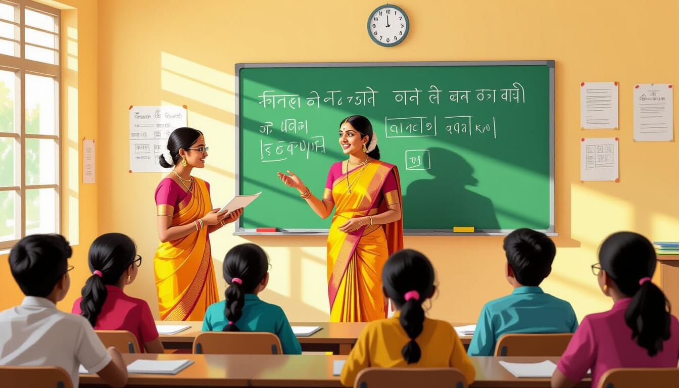 Indian Teacher in Classroom, Gouache Style