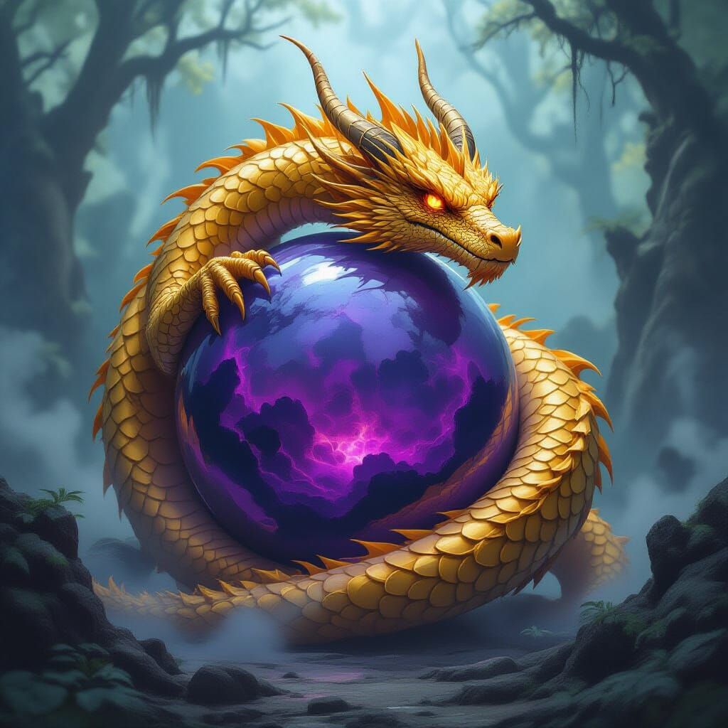 Gold Dragon Guards Misty Orb in Mystical Realm