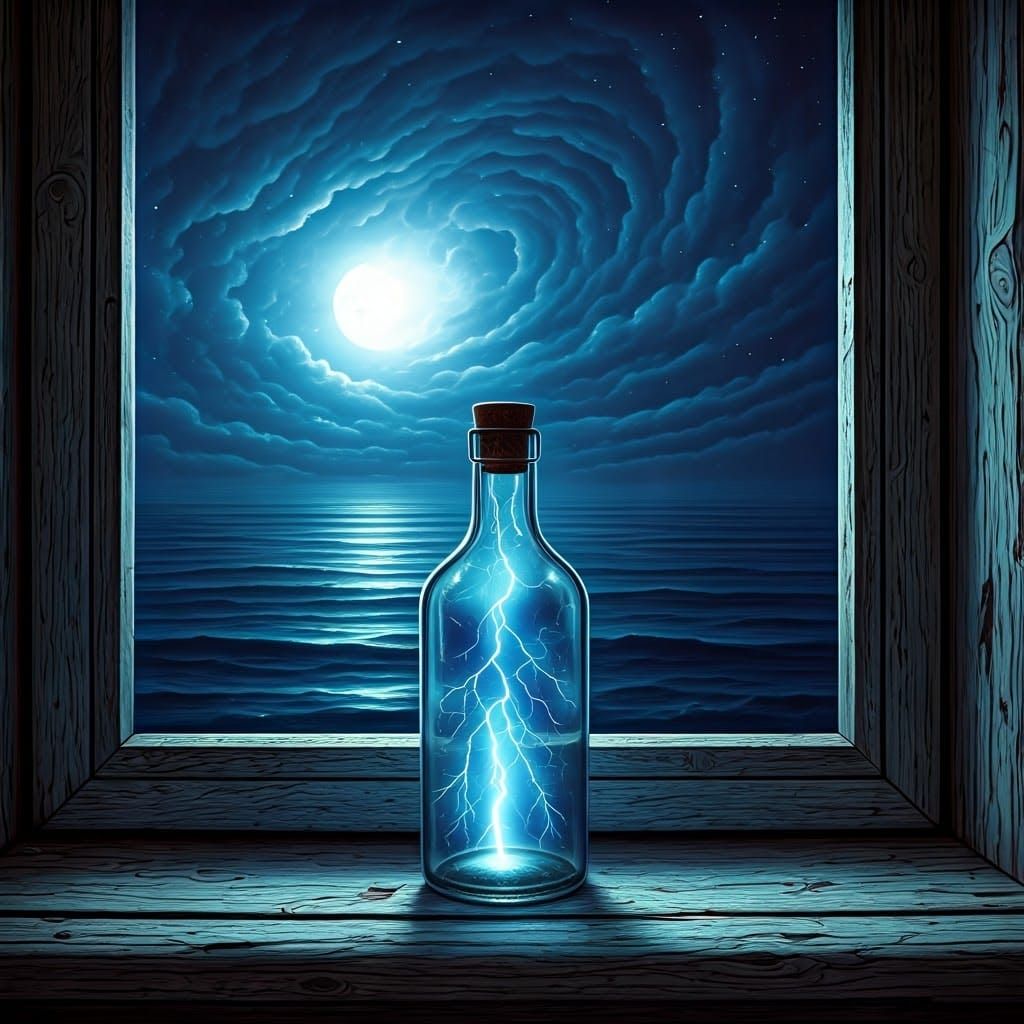 Moonlit Ocean Cottage Illuminated by Electric Blue Lightning