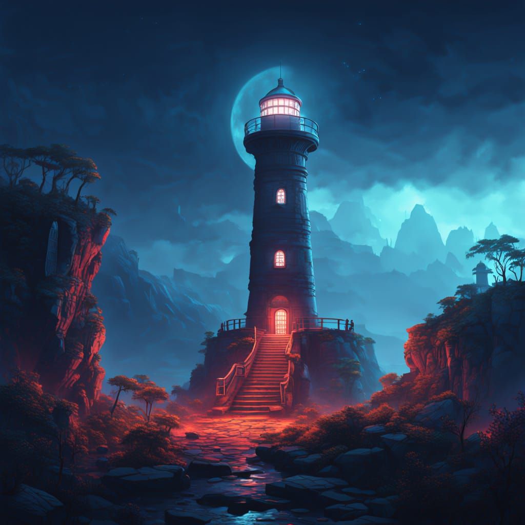 Cyberpunk Lighthouse with Glowing Runes in Neon Twilight