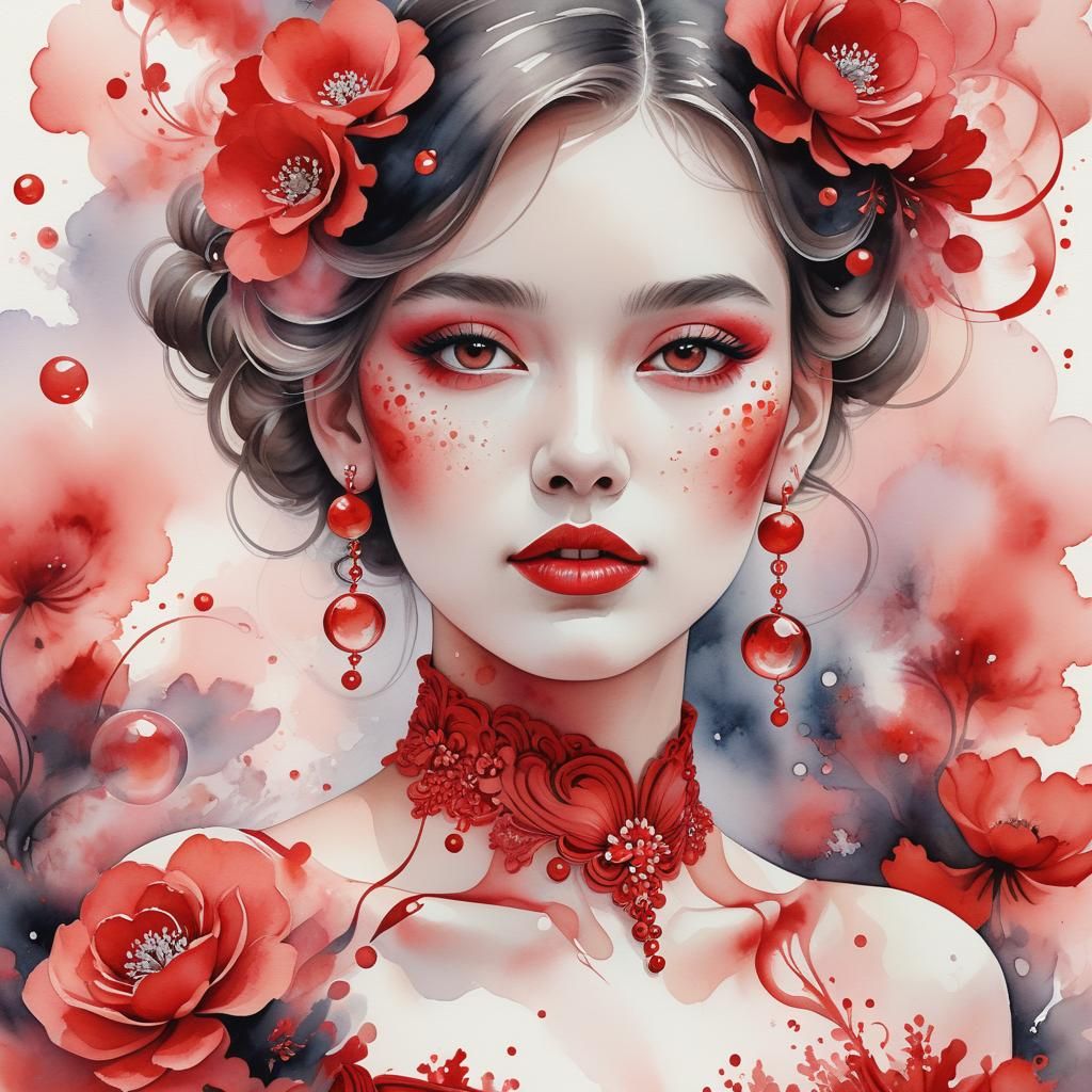 Girl Surrounded by Red in Watercolour Style