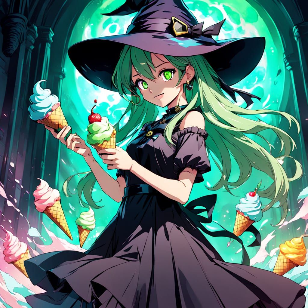 Charming Anime Witch Enjoys Colorful Ice Cream in Soft Light
