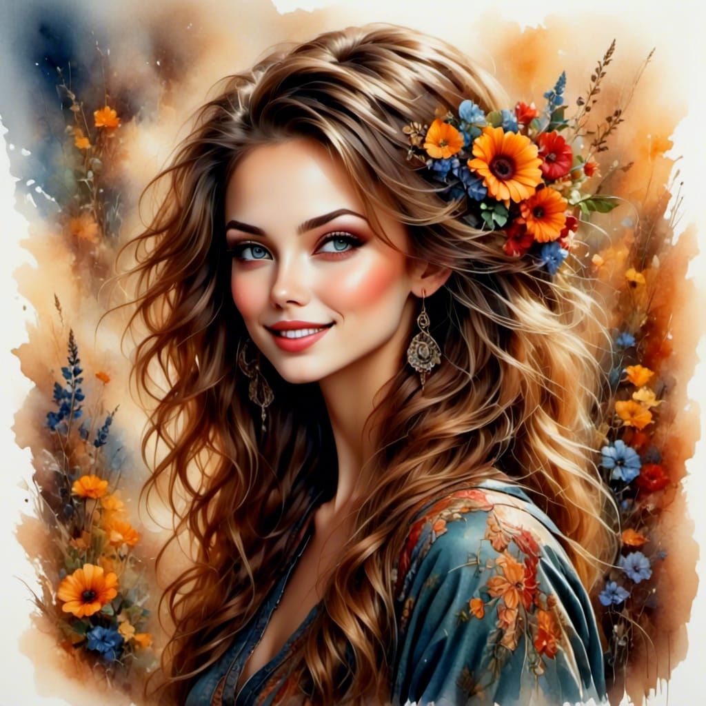 Hippie Woman in Psychedelic Impasto Style