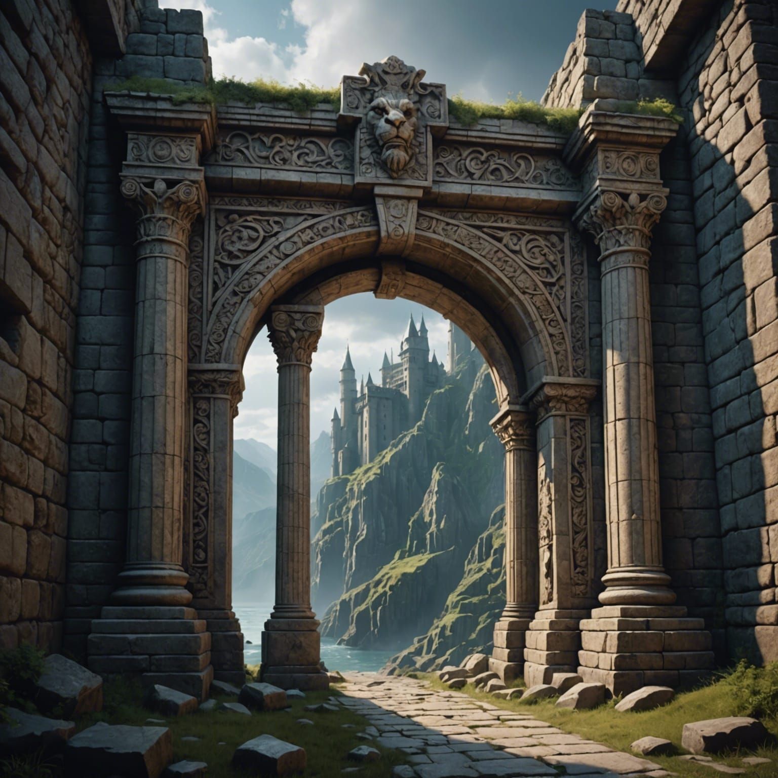 Epic Stone Fortress Entrance: Detailed Digital Painting