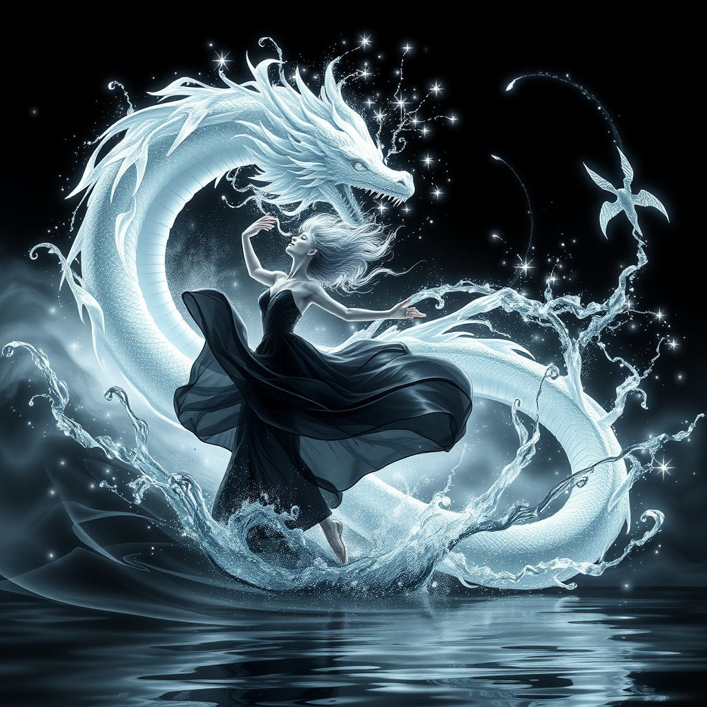 Ballerina with Dragon in Abstract Fractal Scene