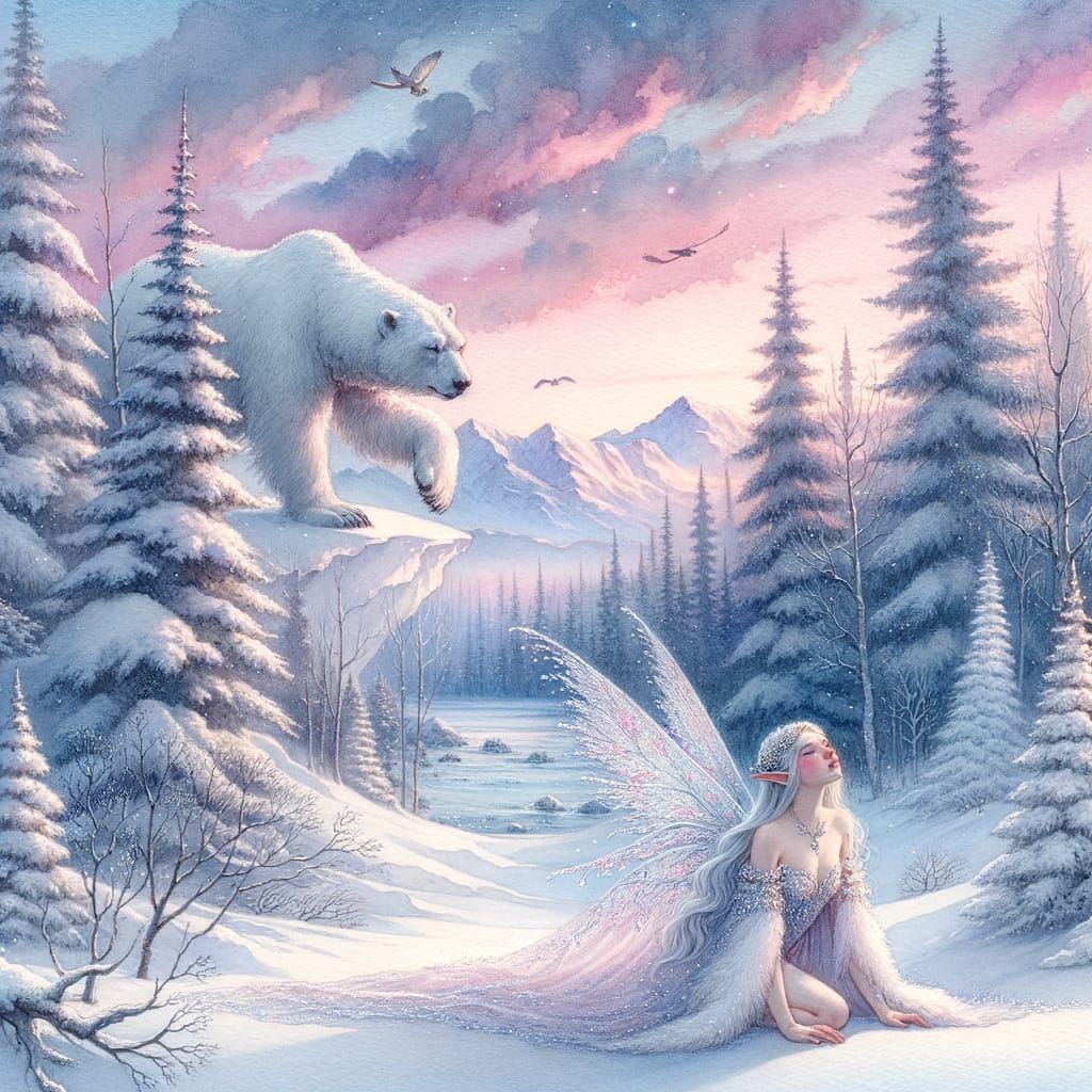 Ethereal Snow Elf in Winter Wonderland Watercolor