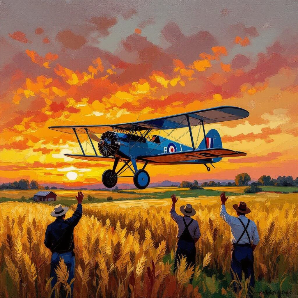 Biplane Over Autumn Sunset Field: Neo-Impressionist Oil Pain...