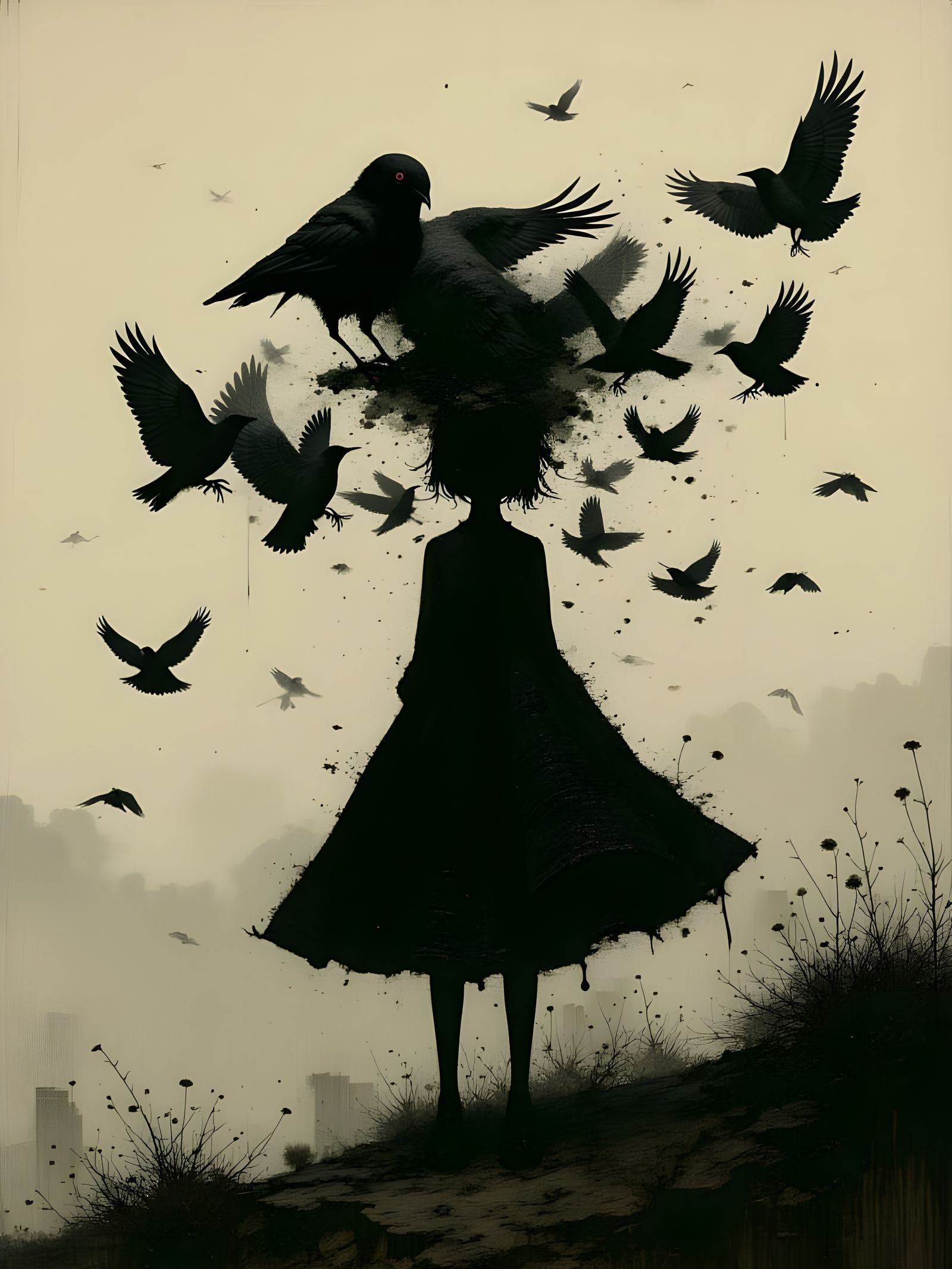 Woman with Crows in Nostalgic Atmosphere