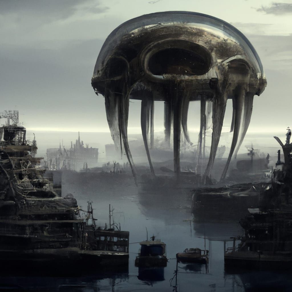 Jellyfish UFO Destroys Earth in Post-Apocalyptic Art