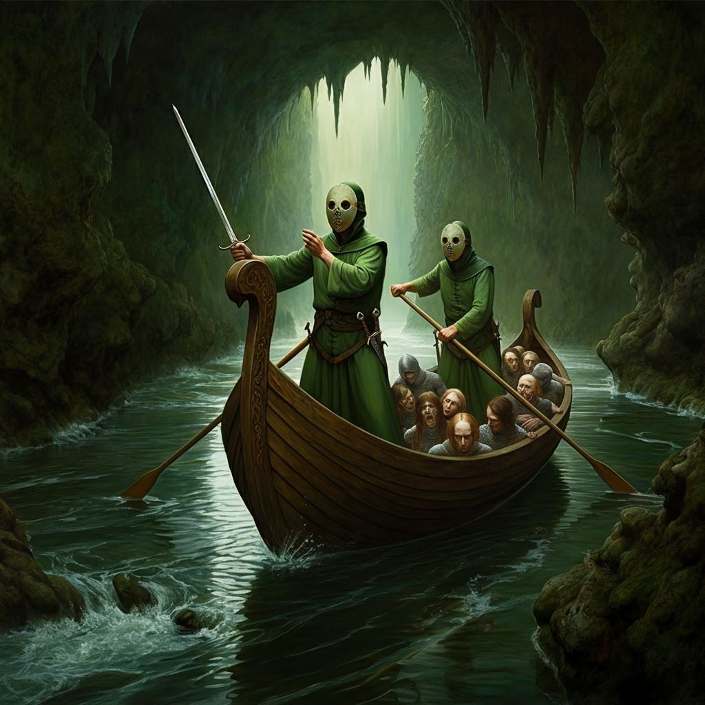 Medieval Captors in Subterranean Stream as Oil Painting