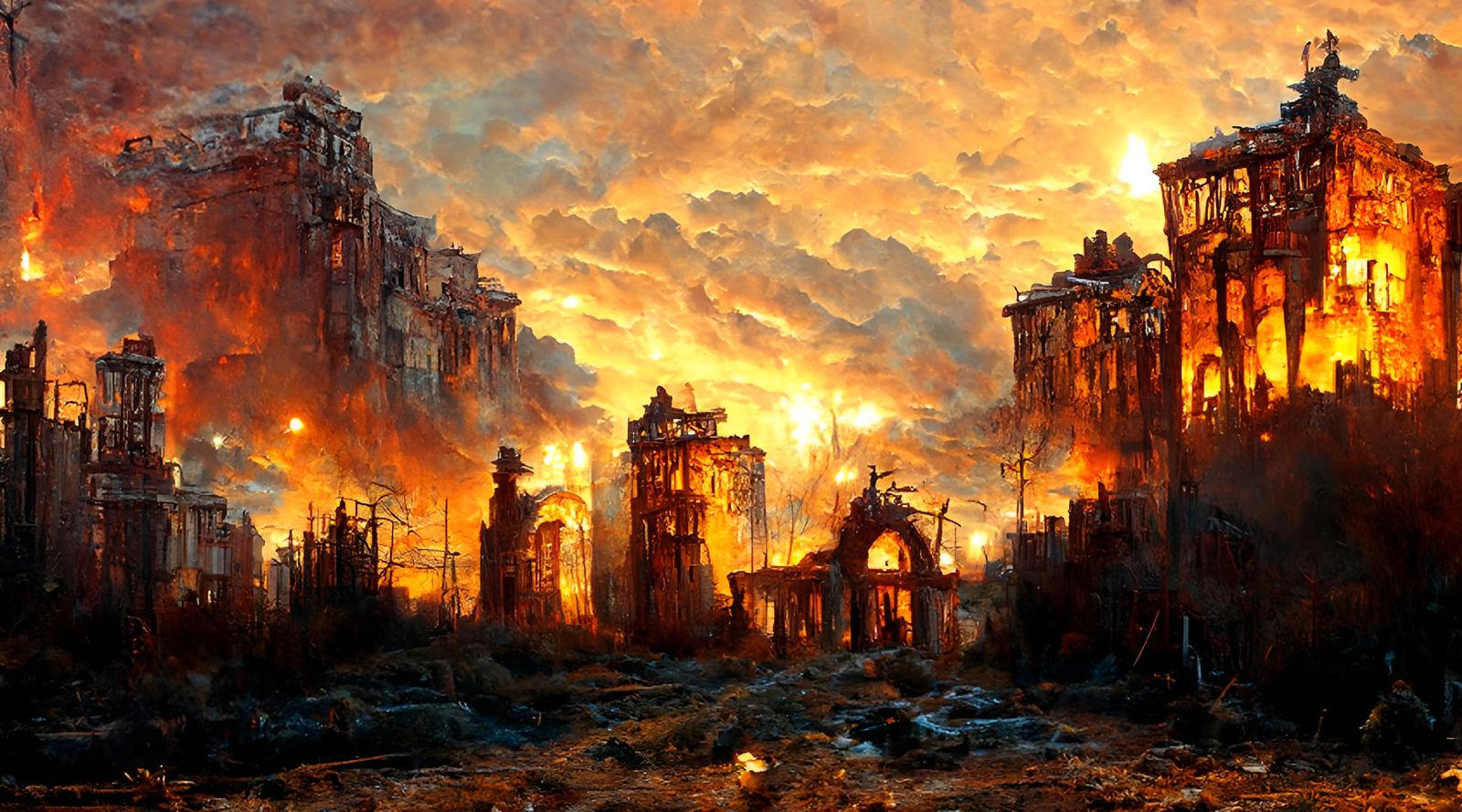 Detailed Post-Apocalyptic Ruin Cityscape with Fire