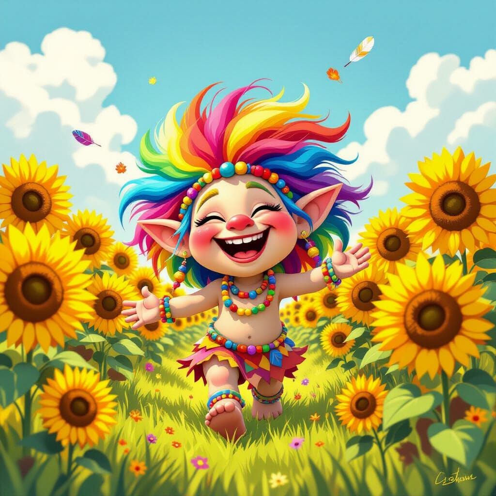 Rainbow Troll's Whimsical Sunflower Frolic
