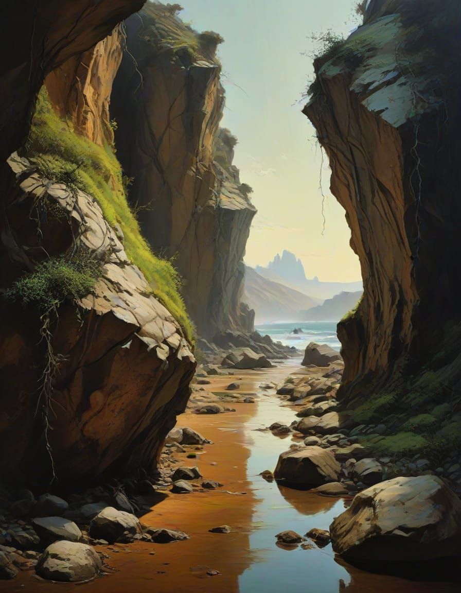 Surreal Landscape with Eroded Facial Features in Oil Paintin...