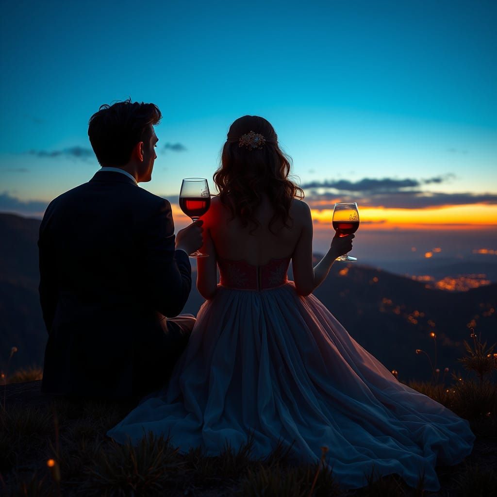 Elegant Couple Basks in Sunset's Mystical Glow