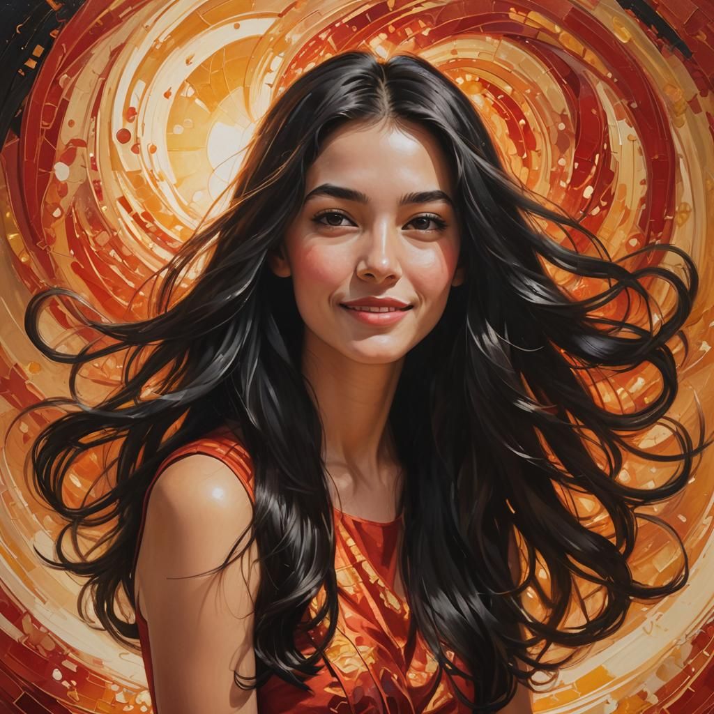 Woman with long black hair who is happy.