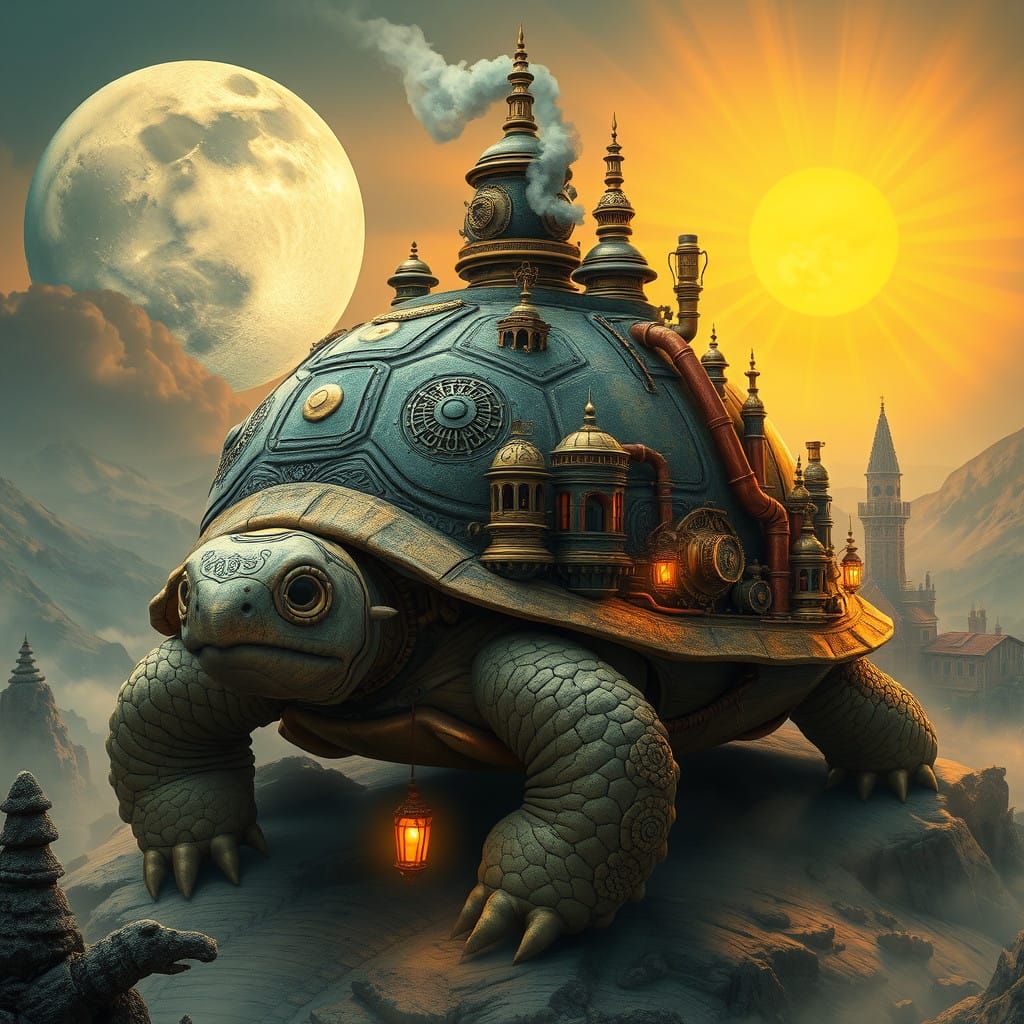 Steampunk Turtle with City on Shell, Under Moon and Sun