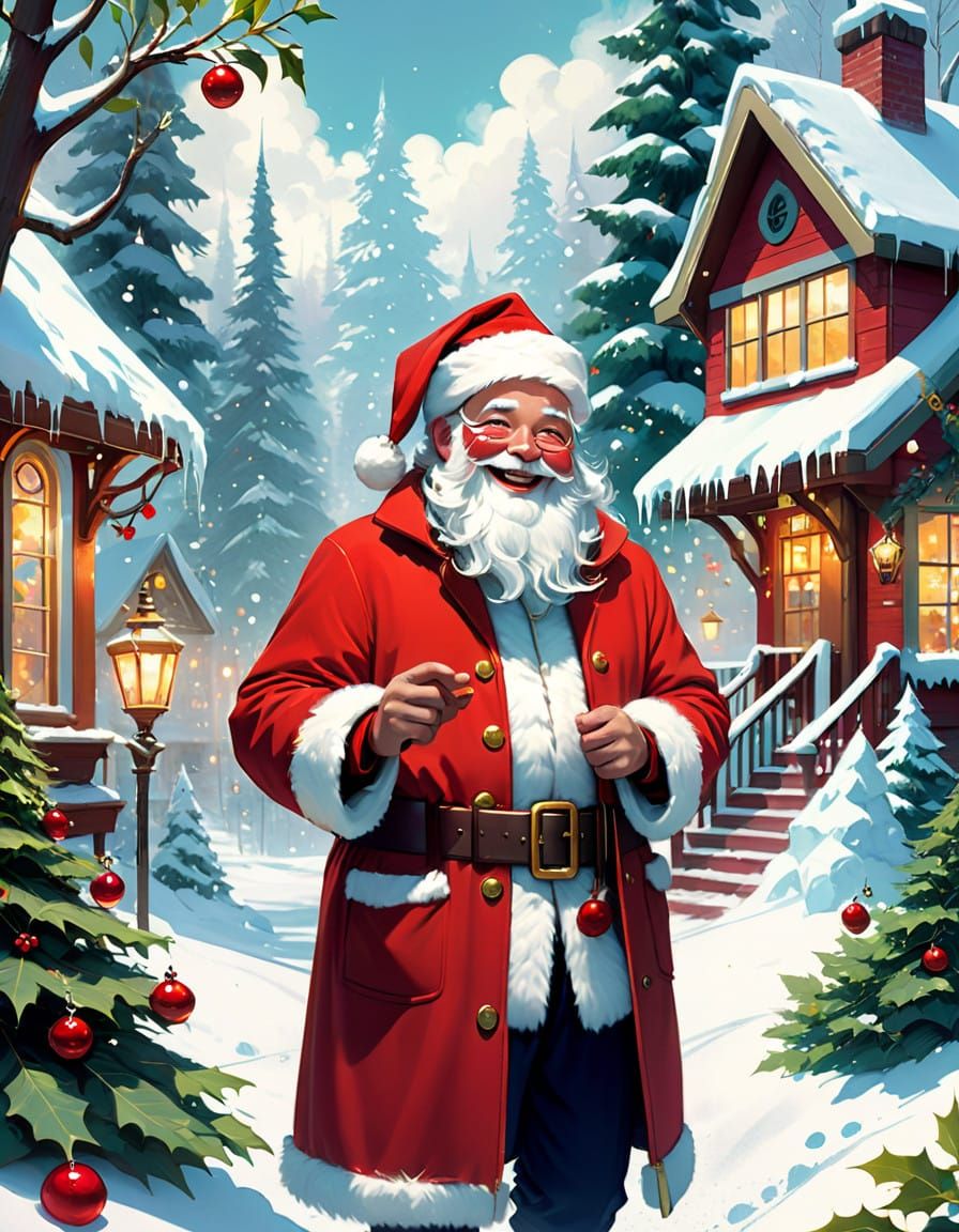 Jovial Santa Claus in Whimsical Winter Wonderland