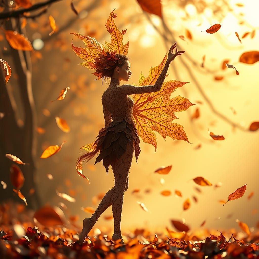 Dancing Leaf Humanoid in Autumnal Landscape