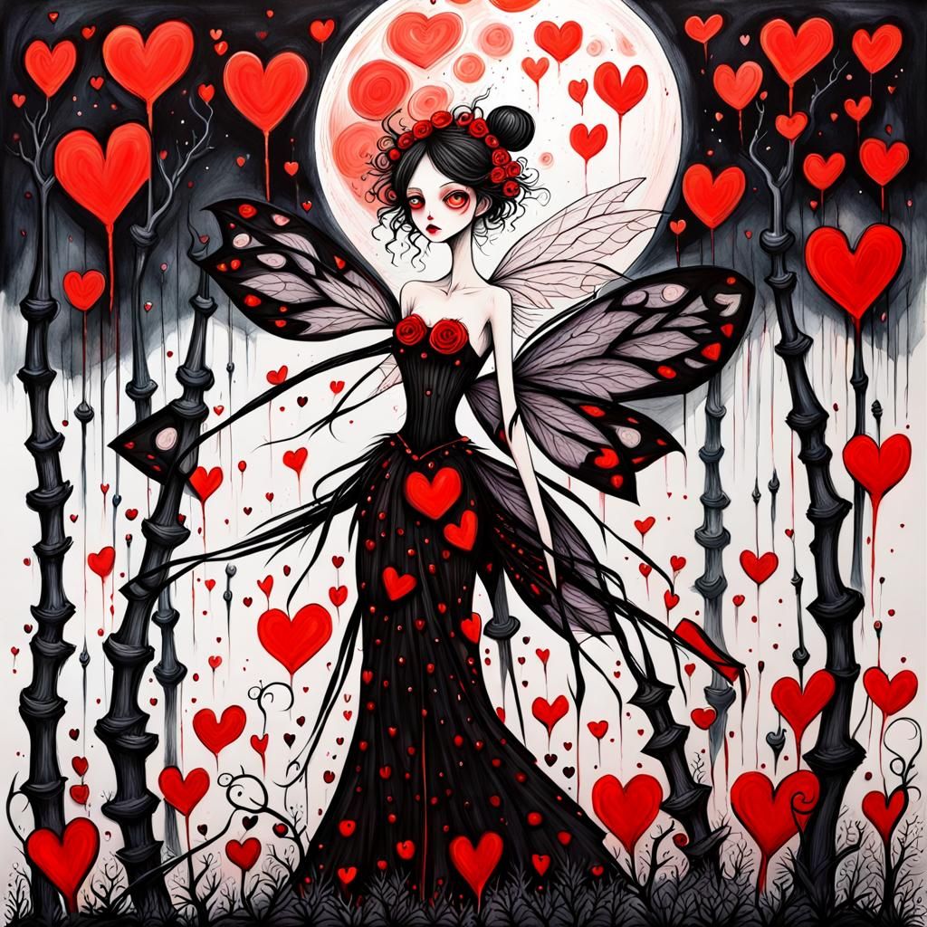 Creepy Fairies with Red Hearts in Candycore Style