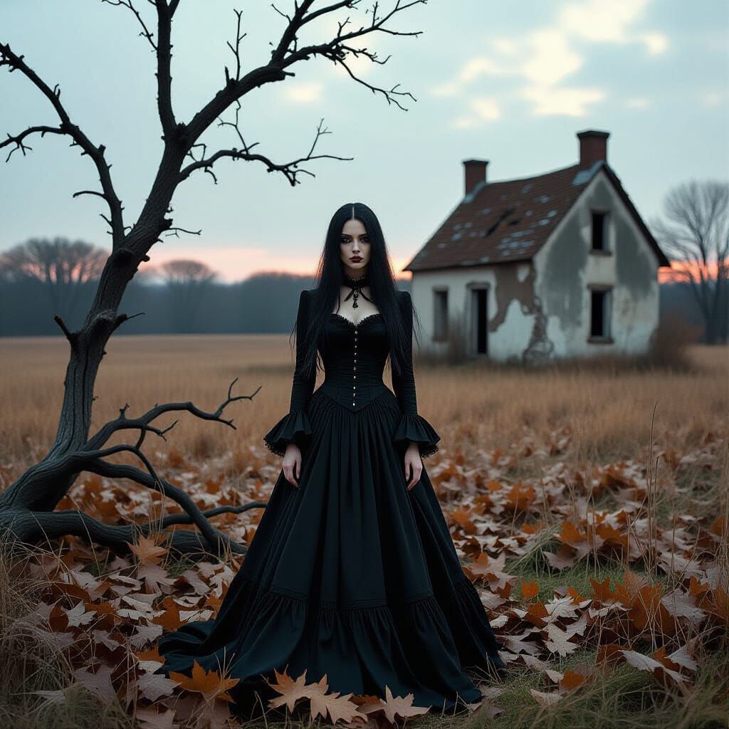 Gothic Woman in Desolate Field, Abstract Expressionism Style
