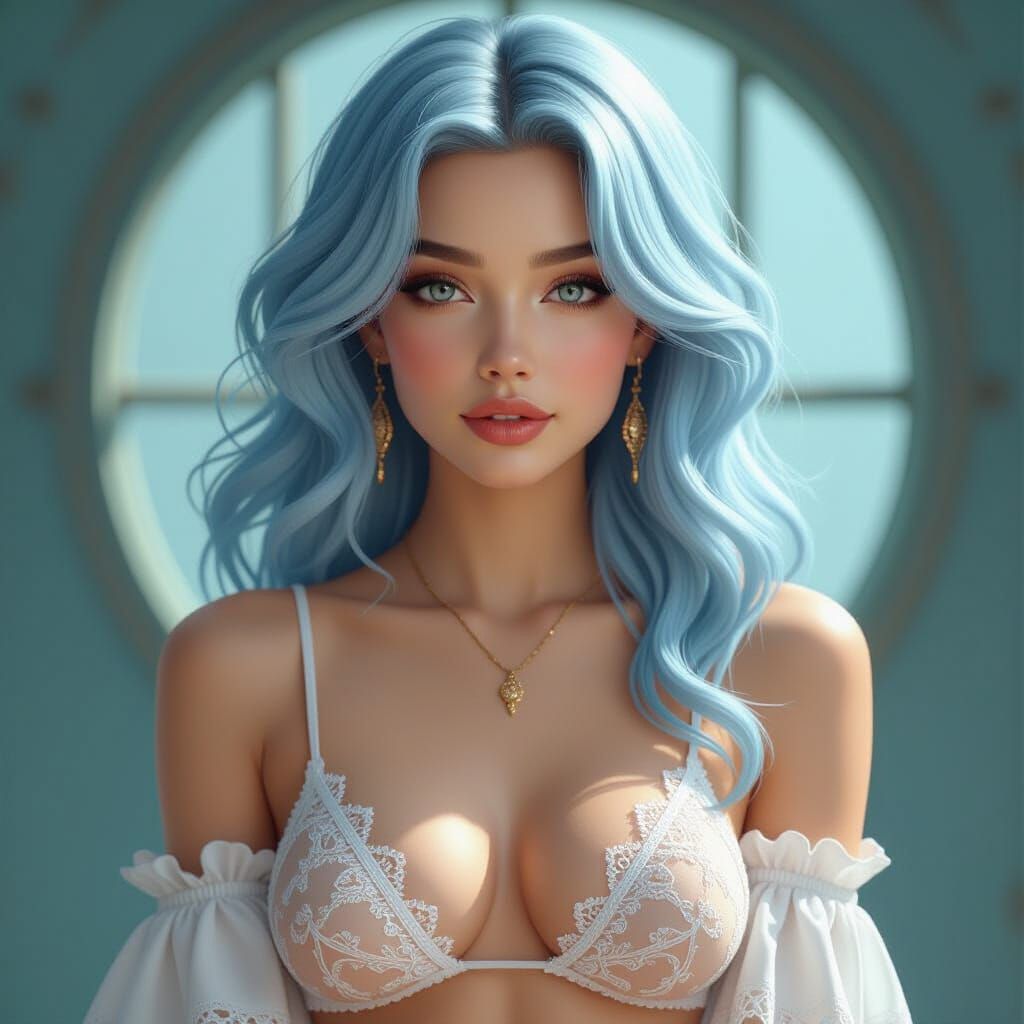 Blue-Haired Woman in Lace Bikini: Digital Art Portrait
