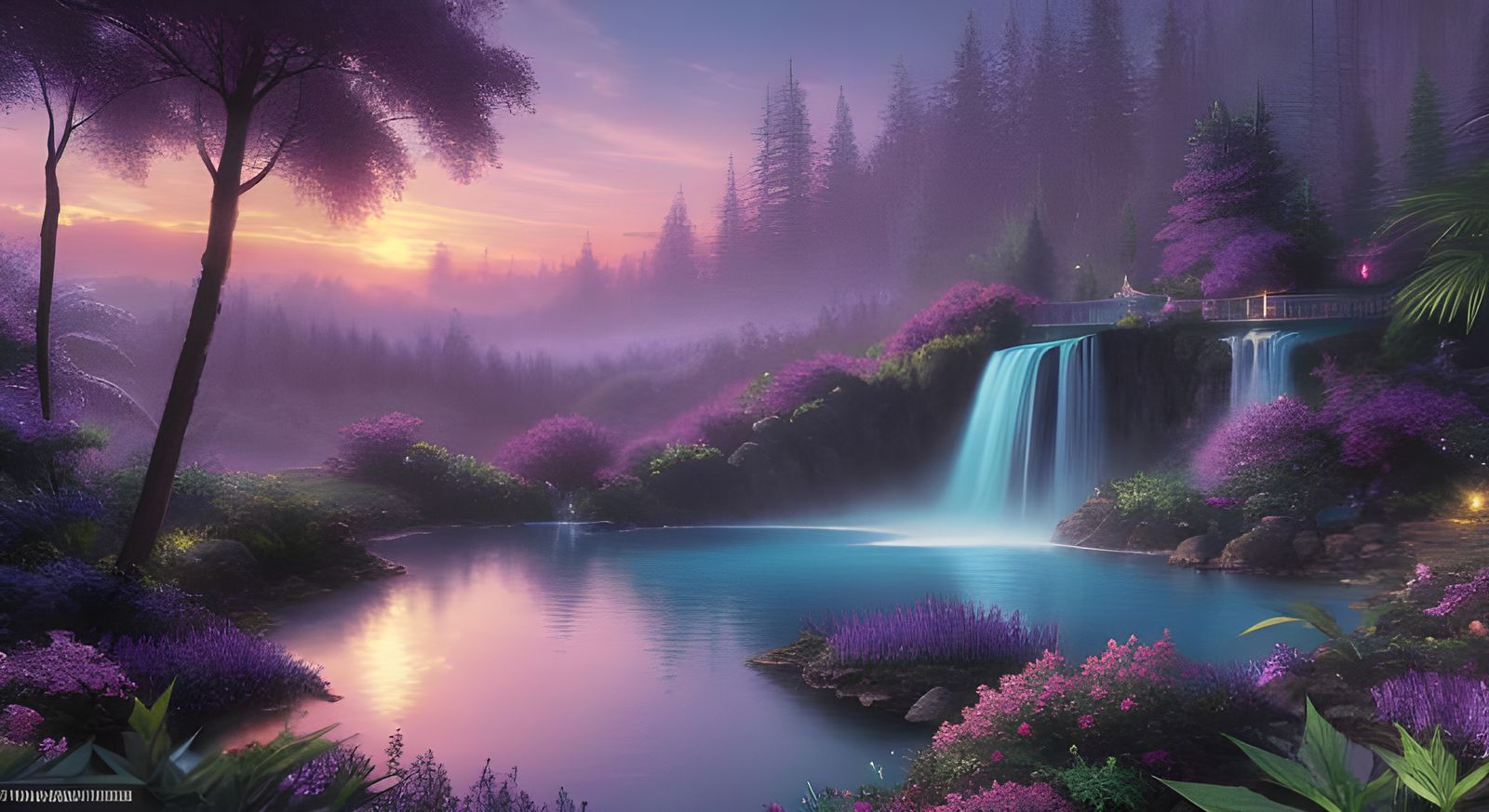 Pastel Sunset Waterfall Oasis with Marijuana Leaves