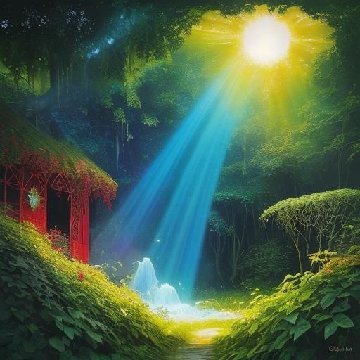 Abstract Fractal Sun Showers Golden Light: Expressionist Oil...