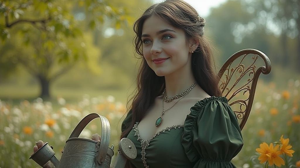 Victorian Fairy Woman Watering Garden in Cinematic Style