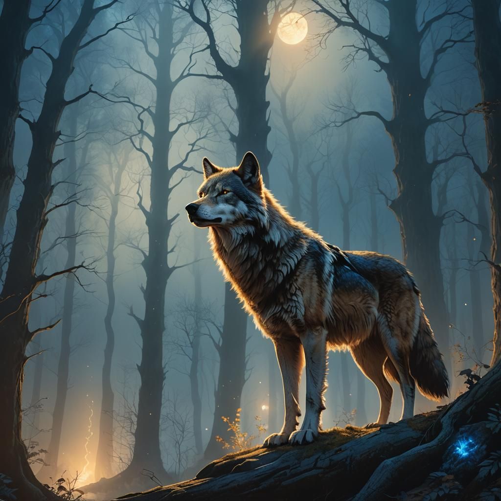 Majestic Wolf in Moonlit Forest Concept Art